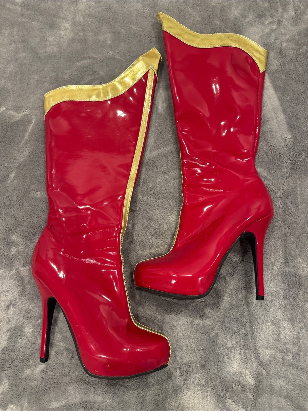 Ellie Red Patent High-Heel Mid-Calf Boots with Gold Trim